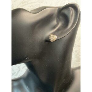 Silver Tone Heart Stud Earrings With Clear Rhinestones